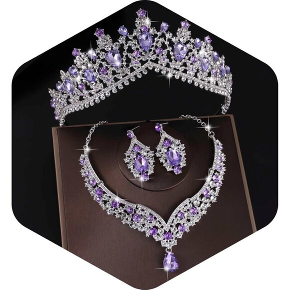 Elegant Silver &amp; Purple Crystal Tiara Crowns Jewelry Set for Women